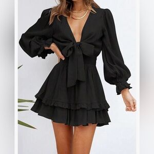 New without tags Black Dresses V Neck Lantern Sleeve Two Layer Hem size S